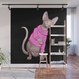 Cozy Sphynx Cat with Pink Knit Sweater  Wall Mural