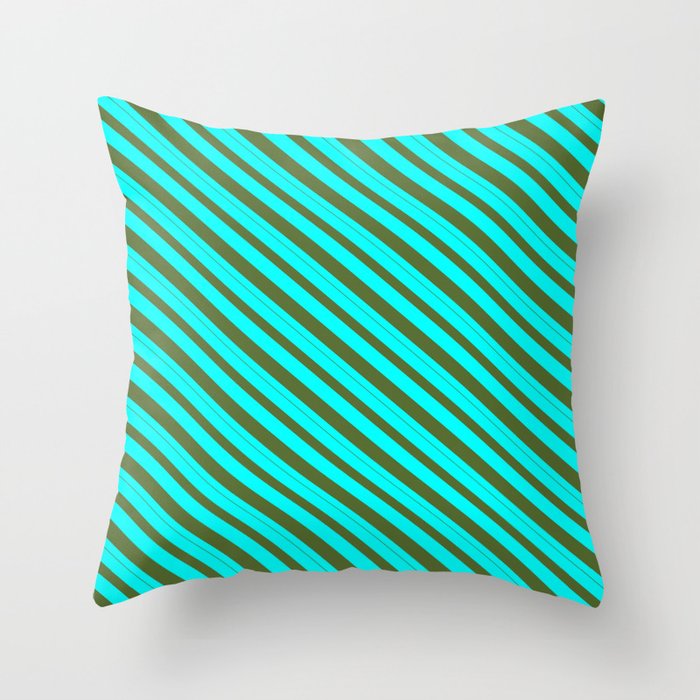 Cyan and Dark Olive Green Colored Pattern of Stripes Throw Pillow