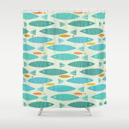 Shimmering Scandinavian Fish In Blue And Gold Pattern Shower Curtain