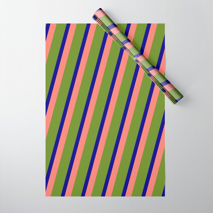 Green, Dark Blue, and Salmon Colored Striped Pattern Wrapping Paper