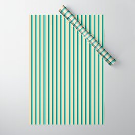 [ Thumbnail: Tan, Turquoise & Teal Colored Striped Pattern Wrapping Paper ]