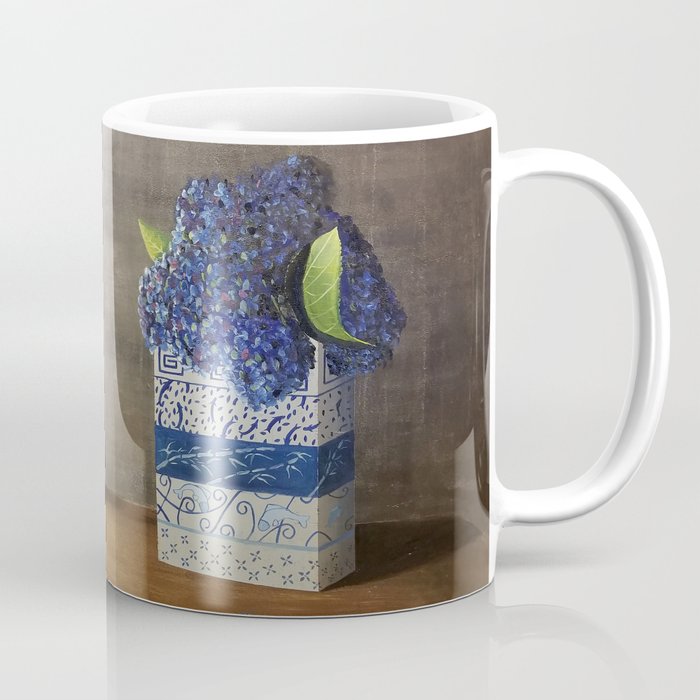 Blue Hydrangeas in Unique Chinese Vases Coffee Mug