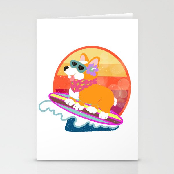 Summer Corgi Surfer Dog Stationery Cards