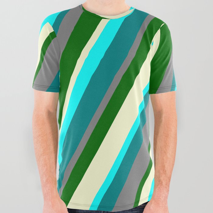 Vibrant Gray, Dark Green, Light Yellow, Aqua, and Teal Colored Lines Pattern All Over Graphic Tee
