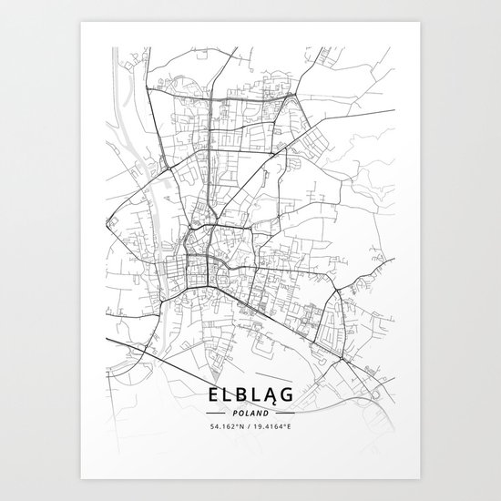 Elblag, Poland Light Map Art Print by designermapart Society6