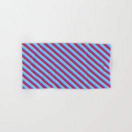 [ Thumbnail: Dark Orchid, Red, Plum, and Aqua Colored Stripes/Lines Pattern Hand & Bath Towel ]