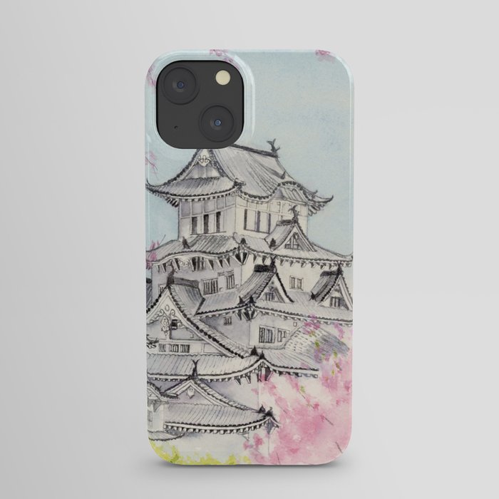 Himeji Castle , Art Watercolor Painting print by Suisai Genki , cherry blossom , Japanese Castle iPhone Case
