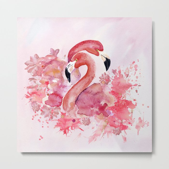 Tropical Birds- Flamingo In LOVE with exotic flowers Metal Print