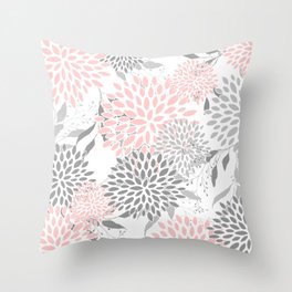 Festive, Floral Prints, Leaves and Blooms, Pink, Gray and White Throw Pillow