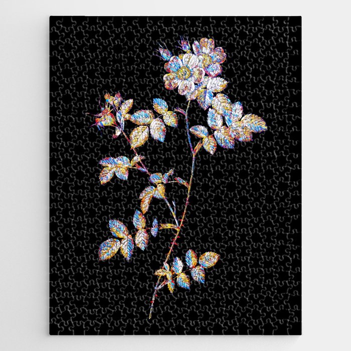 Floral Pink Sweetbriar Roses Mosaic on Black Jigsaw Puzzle