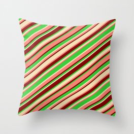 [ Thumbnail: Salmon, Maroon, Lime Green & Tan Colored Lines Pattern Throw Pillow ]