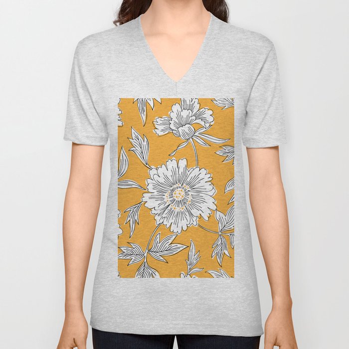 Hand drawn abstract garden flowers. Contour drawing. Large daisy heads in bloom. Summer floral seamless pattern. Line art flowers. Detailed outline sketch drawing. V Neck T Shirt