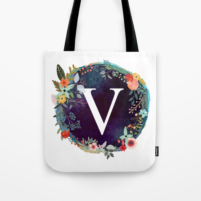 Personalized Monogram Initial Letter V Floral Wreath Artwork Tote