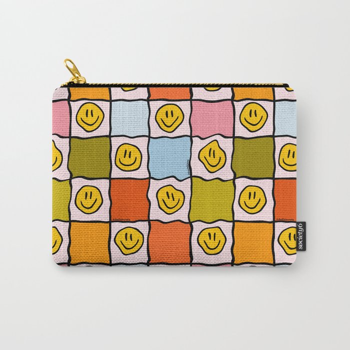 Rainbow Happy Face Checkered Print Carry-All Pouch