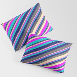 [ Thumbnail: Midnight Blue, Dim Gray, Beige, Fuchsia, and Dark Turquoise Colored Lines/Stripes Pattern Pillow Sham ]