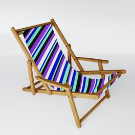 [ Thumbnail: Vibrant Blue, Aquamarine, Black, Purple, and Mint Cream Colored Lined Pattern Sling Chair ]
