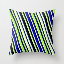 [ Thumbnail: Blue, Light Green, Beige & Black Colored Lines/Stripes Pattern Throw Pillow ]