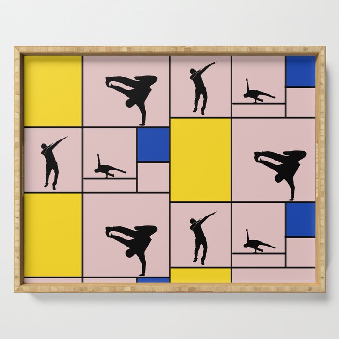 Street dancing like Piet Mondrian - Yellow, and Blue on the pink background Serving Tray