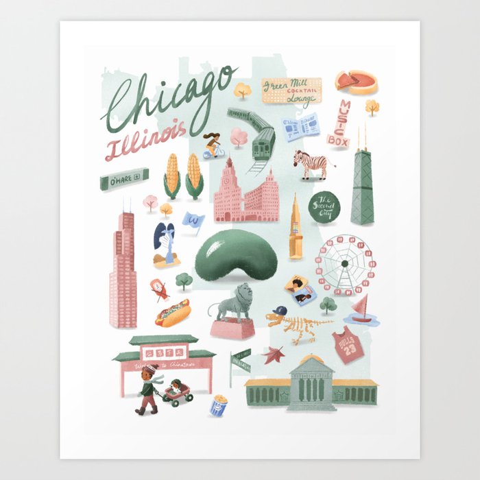 Illustrated City Landmarks of Chicago, Illinois Art Print