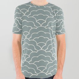 Japanese Scallop Wave - Alabaster White + Vintage Blue All Over Graphic Tee