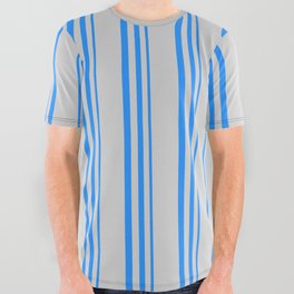 [ Thumbnail: Blue & Light Gray Colored Lines/Stripes Pattern All Over Graphic Tee ]