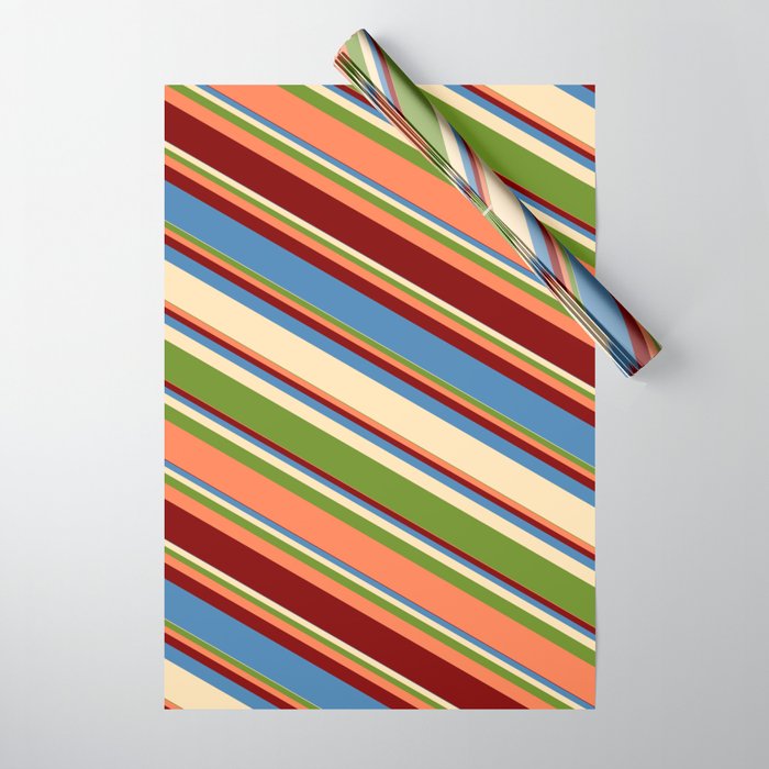 Blue, Beige, Green, Coral, and Maroon Colored Lined Pattern Wrapping Paper