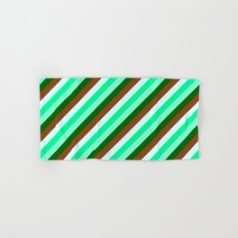 [ Thumbnail: Eyecatching Green, Aquamarine, Dark Green, Brown & Light Cyan Colored Stripes/Lines Pattern Hand & Bath Towel ]