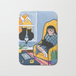 Working From Home With The Cats Bath Mat | Workfromhome, Whimsical, Blackcats, Girlwithcats, Acrylic, Blueandyellow, Cat, Yellowchair, Painting, Folkart 