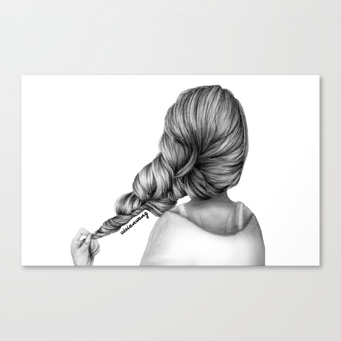 Girl Holding Hair Braid Pencil Drawing Canvas Print