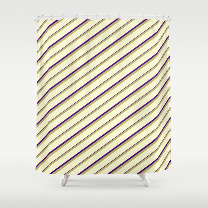 Dark Khaki, Light Yellow & Indigo Colored Lined/Striped Pattern Shower Curtain