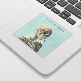 Vincent Van Gogh - Skull of a skeleton with burning cigarette (version with text & blue background) Sticker
