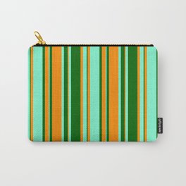 [ Thumbnail: Dark Orange, Dark Green, and Aquamarine Colored Stripes Pattern Carry-All Pouch ]