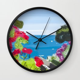 Beautiful terrace view of the sea and flower gardens in Ravello, Amalfi Coast in Italy Wall Clock