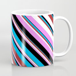 [ Thumbnail: Deep Sky Blue, Brown, White, Violet, and Black Colored Striped/Lined Pattern Coffee Mug ]