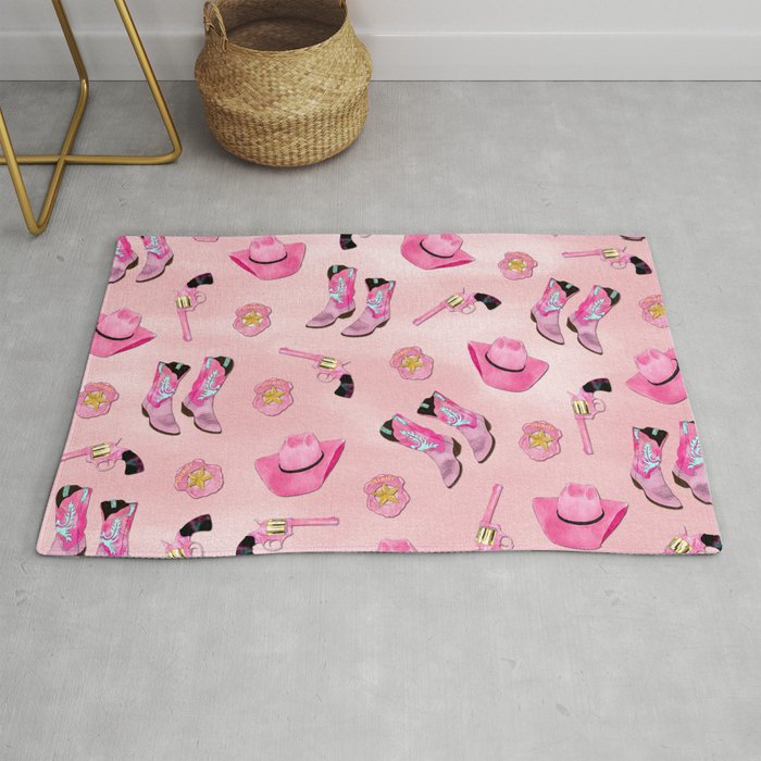 Artsy Cute Girly Pink Teal Cowgirl Watercolor Rug by La Femme