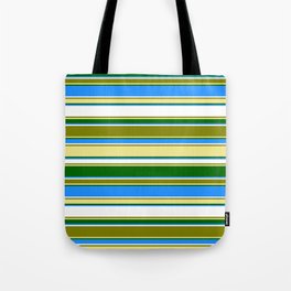 [ Thumbnail: Eyecatching Green, Tan, Dark Green, Blue, and White Colored Lines Pattern Tote Bag ]