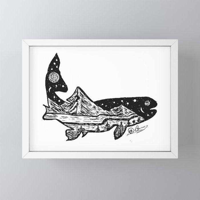 Trout Dreams Hand Drawn Double Exposure Fishing Camping Art Framed Mini  Art Print by darkmountainarts