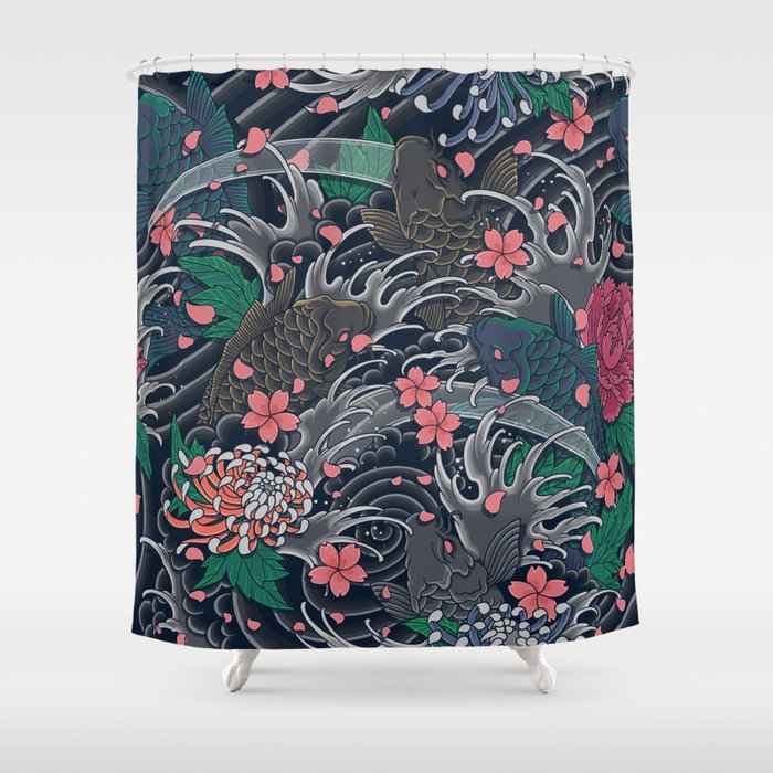 Japanese Koi Flower and Wave Pattern Shower Curtain