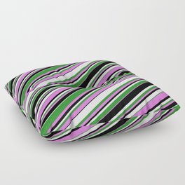[ Thumbnail: Forest Green, Orchid, Black & White Colored Striped/Lined Pattern Floor Pillow ]