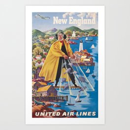 New England - United Airlines (Fisherman), Vintage Poster Art Print