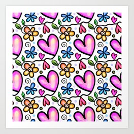 Doodle Heart & Flower Pattern 03 Art Print