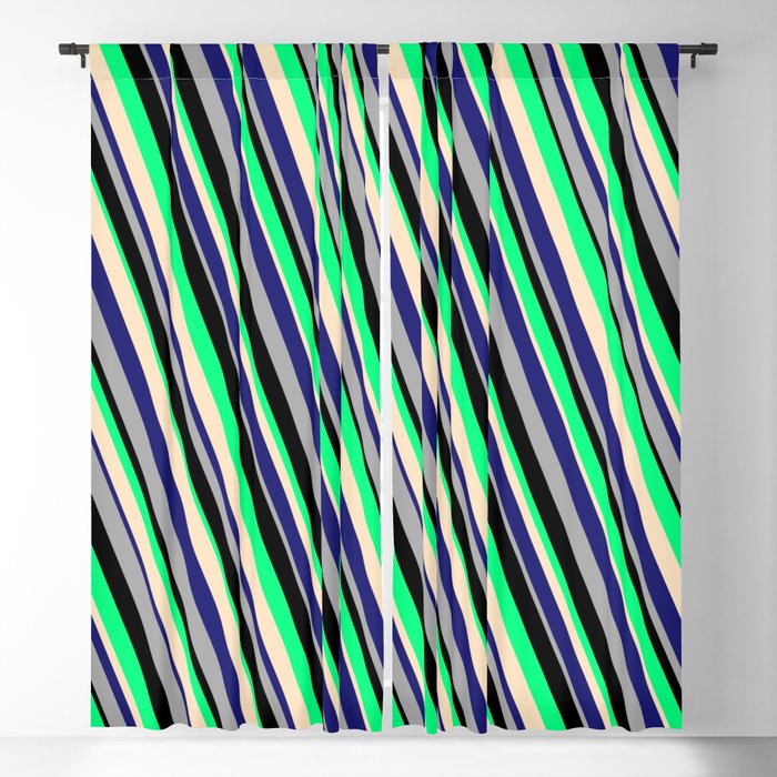 Eyecatching Green, Bisque, Midnight Blue, Dark Grey, and Black Colored Lines/Stripes Pattern Blackout Curtain