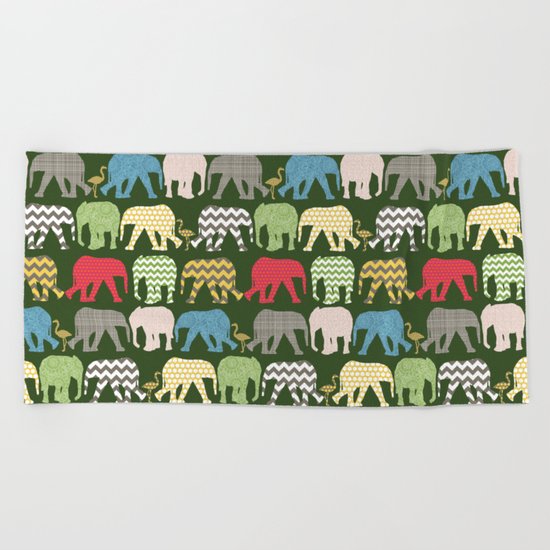 baby elephants and flamingos green Beach Towel