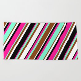 [ Thumbnail: Vibrant Deep Pink, Aquamarine, Brown, White, and Black Colored Striped Pattern Beach Towel ]