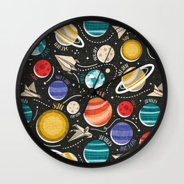 Paper space adventure I // black background multicoloured solar system paper cut planets origami paper spaceships and rockets  Wall Clock