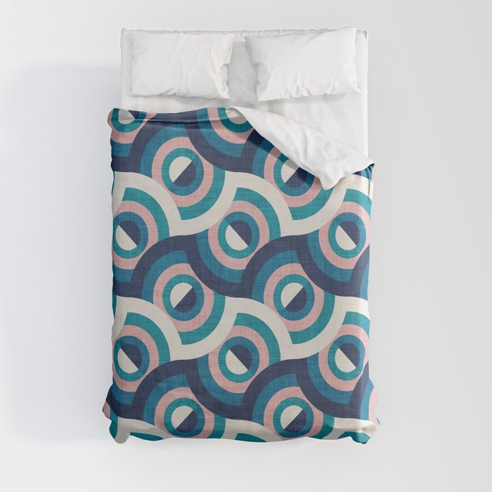 Here comes the sun // navy blue teal and blush pink 70s inspirational groovy geometric suns Duvet Cover