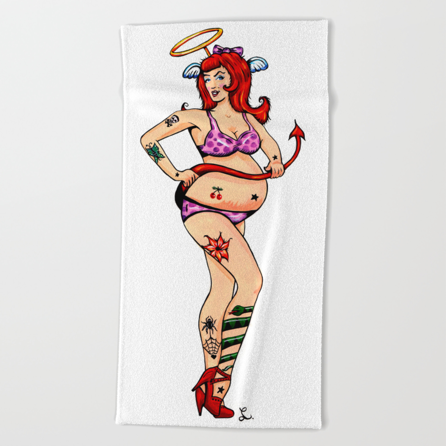 Naughty and Nice Pregnant Tattooed Pinup Girl Beach Towel by lizzyfink |  Society6