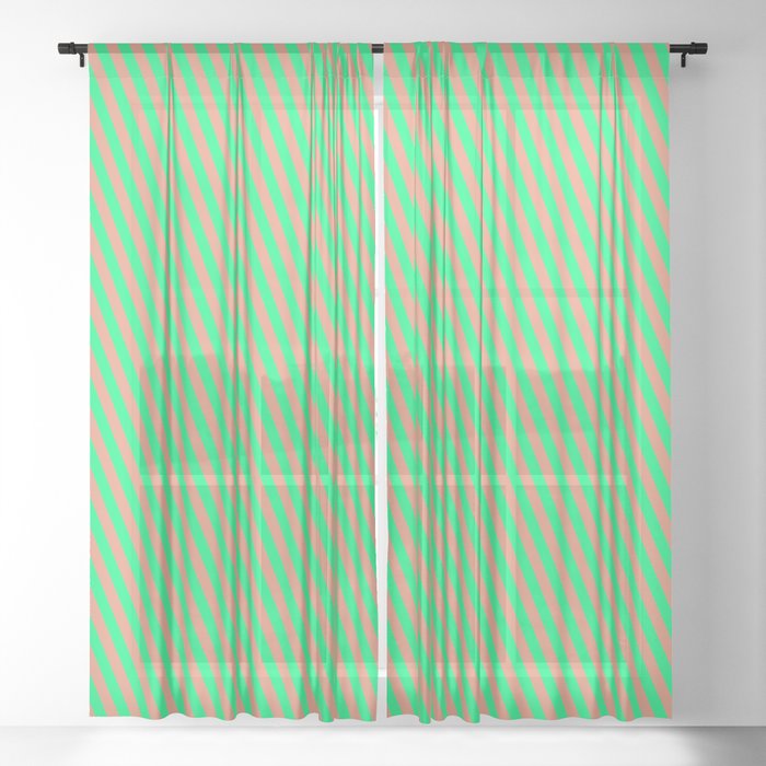 Dark Salmon and Green Colored Stripes/Lines Pattern Sheer Curtain