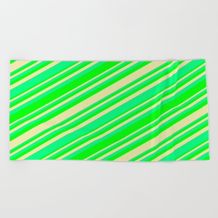 Green, Lime, and Pale Goldenrod Colored Pattern of Stripes Beach Towel