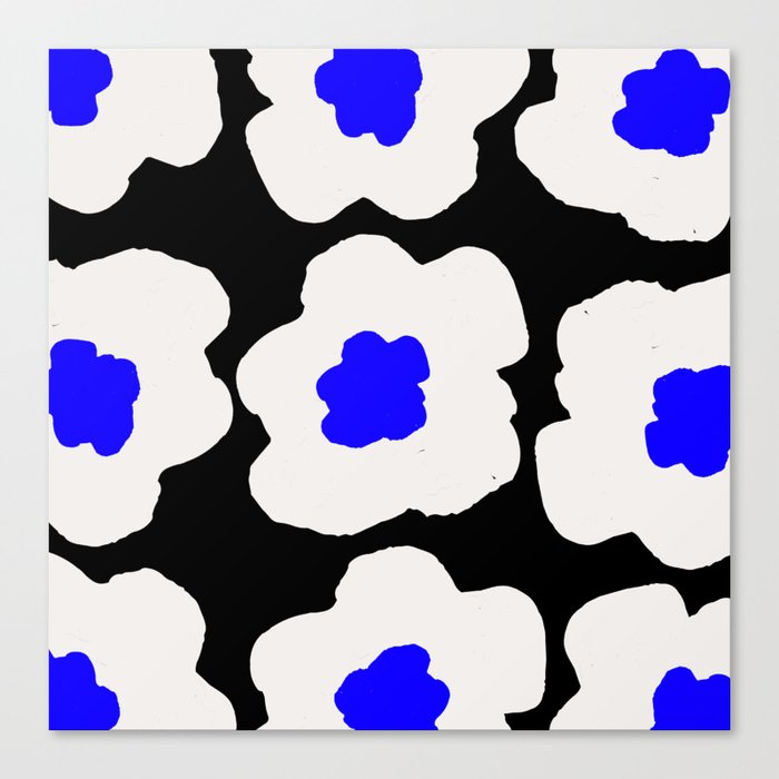 Large Pop-Art Retro Flowers in White and Cobalt Blue on Black Background  Canvas Print